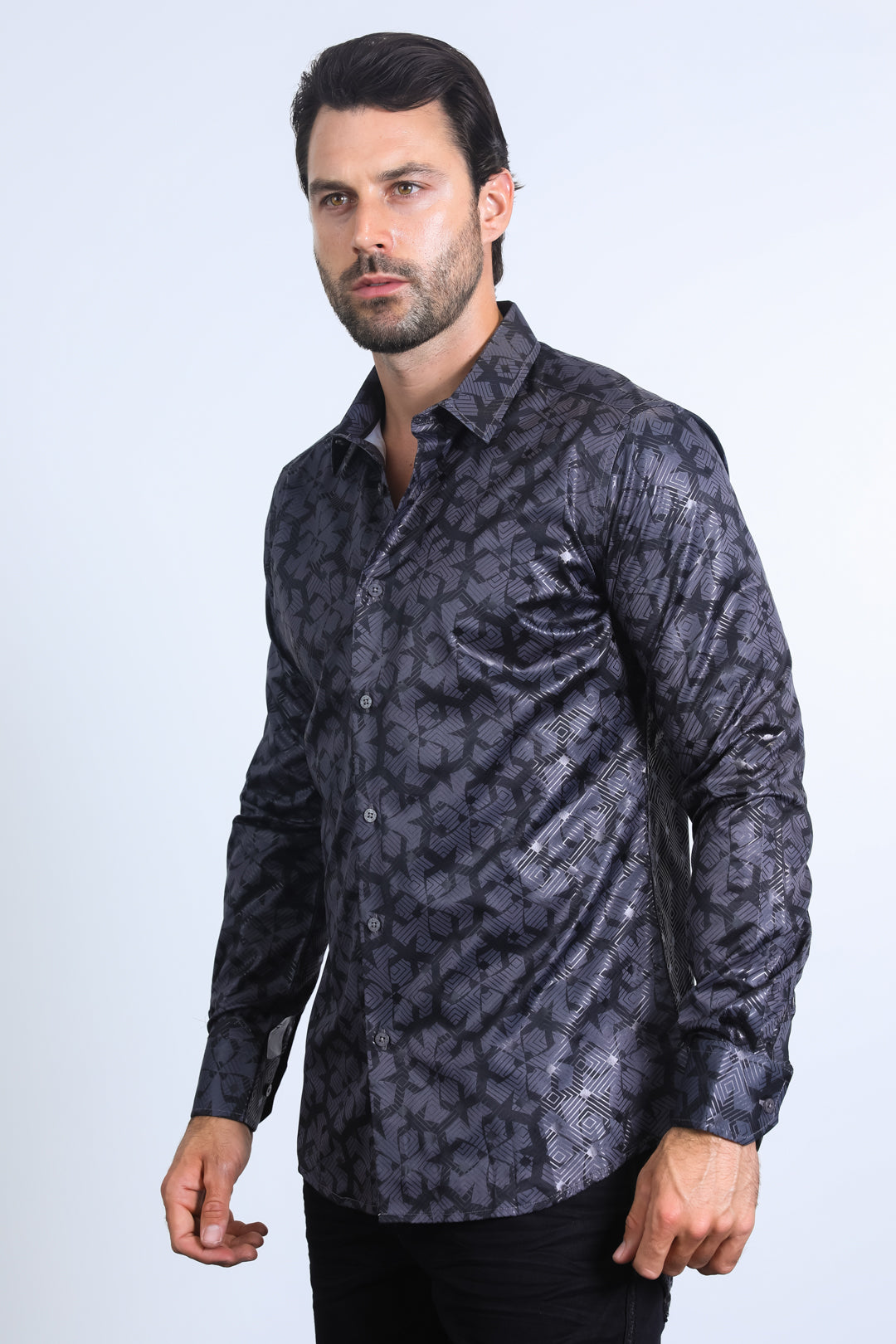 Mens Modern Fit Stretch Foil Fashion Black Shirt