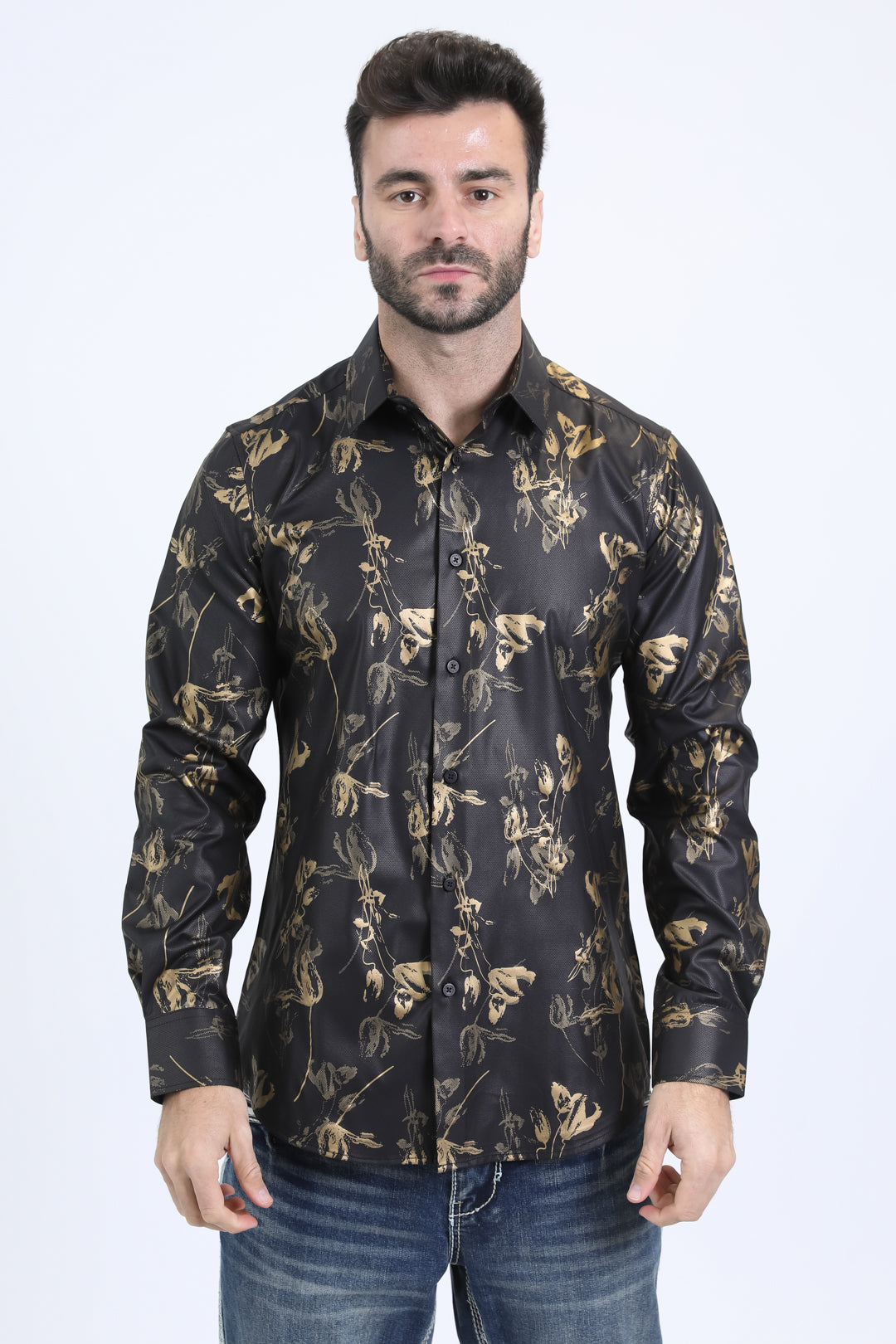 Mens Modern Fit Stretch Foil Fashion Black Shirt