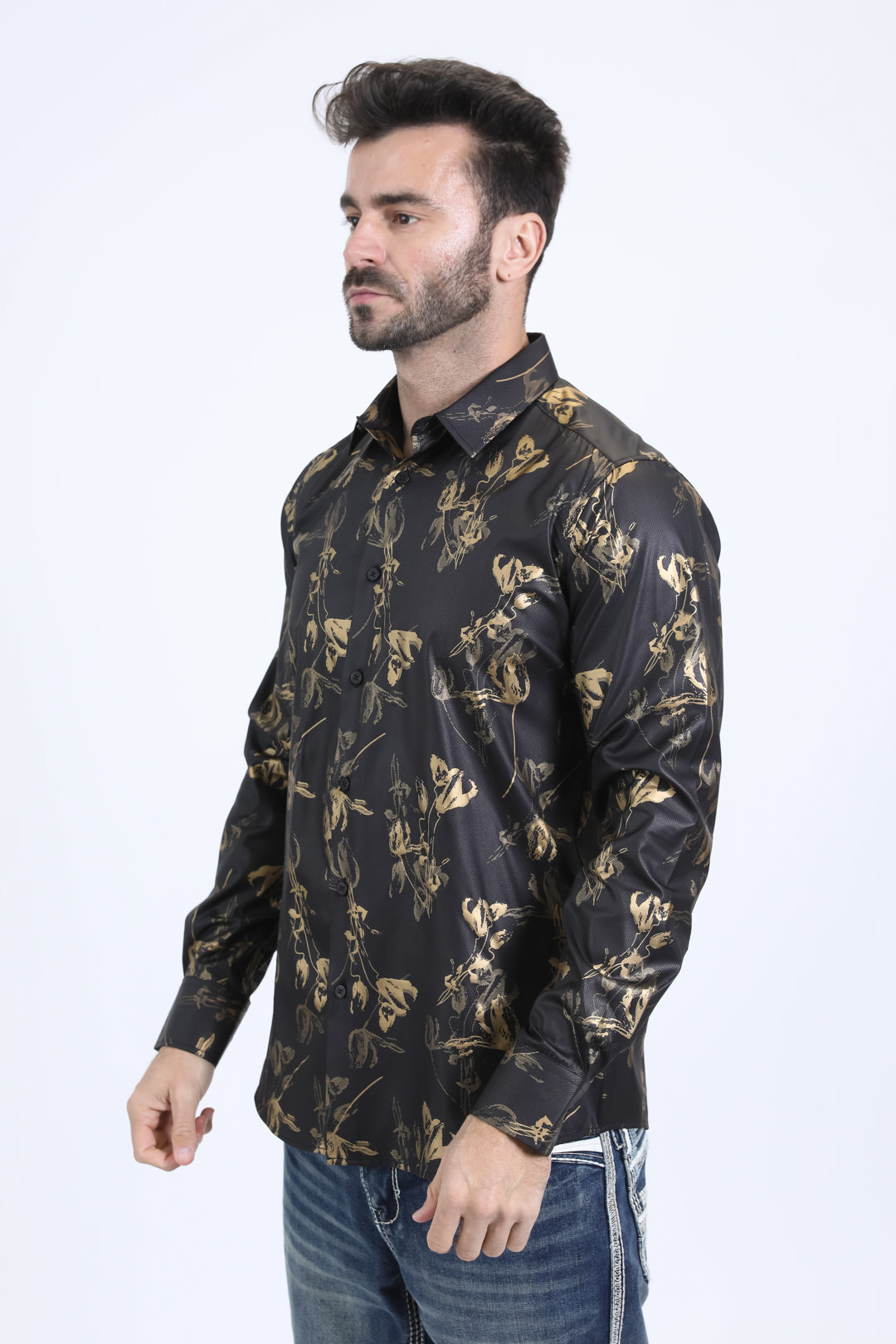 Mens Modern Fit Stretch Foil Fashion Black Shirt