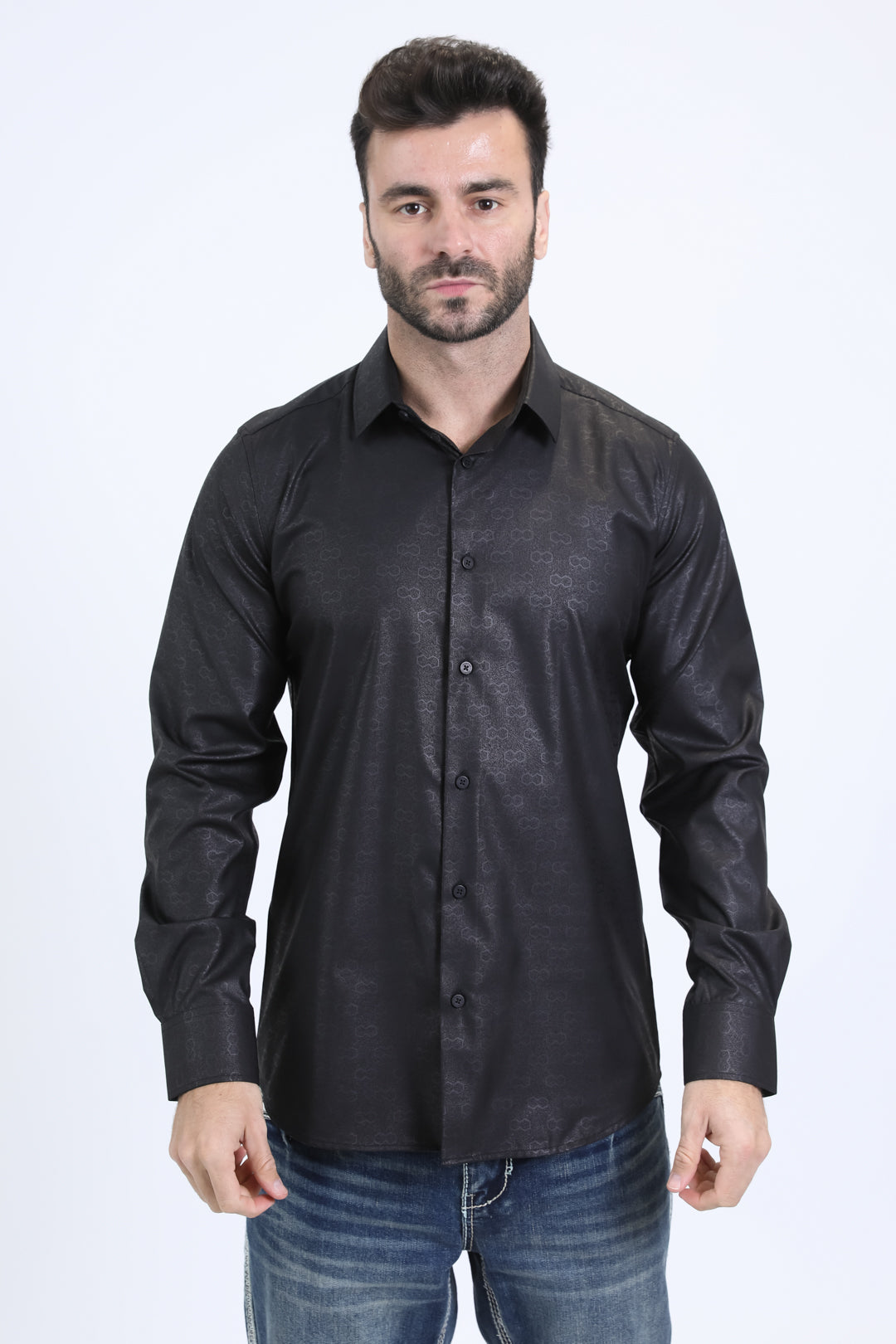 Mens Modern Fit Stretch Foil Fashion Black Shirt