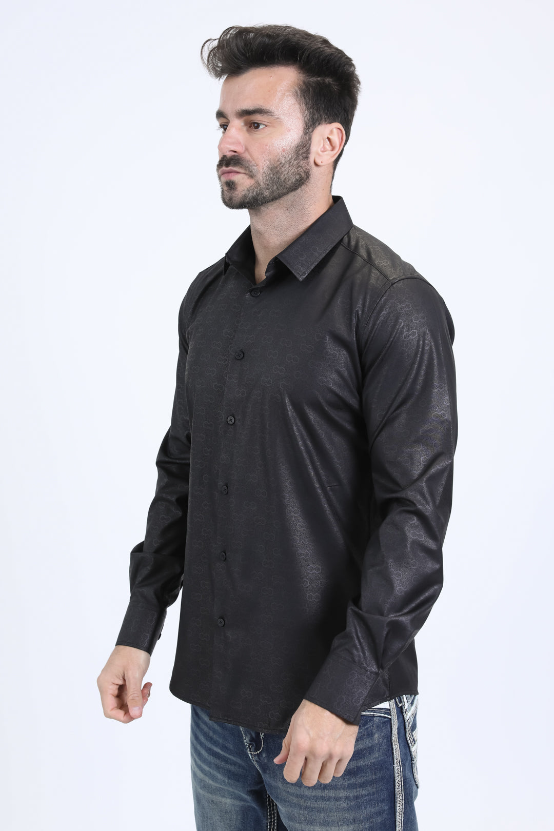 Mens Modern Fit Stretch Foil Fashion Black Shirt