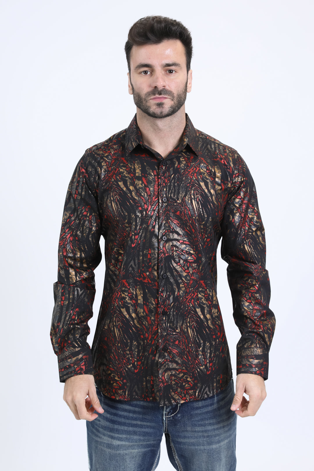 Mens Modern Fit Stretch Foil Fashion Black Shirt