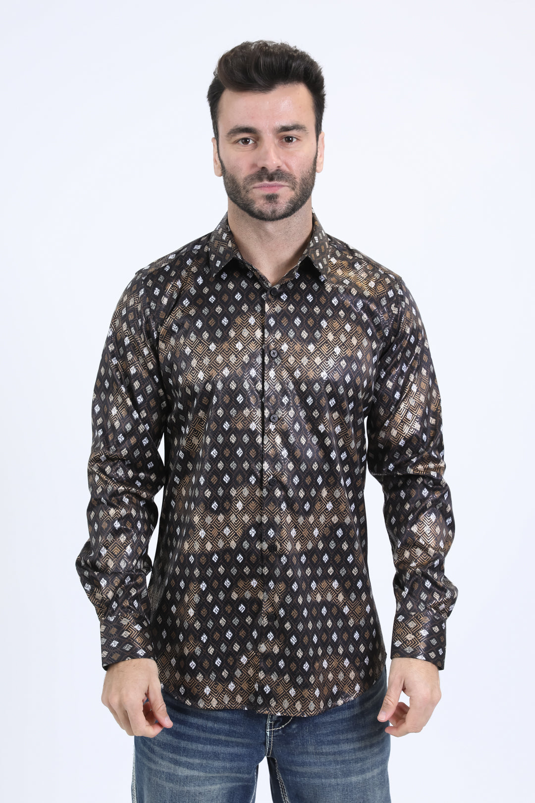 Mens Modern Fit Stretch Foil Fashion Black Shirt