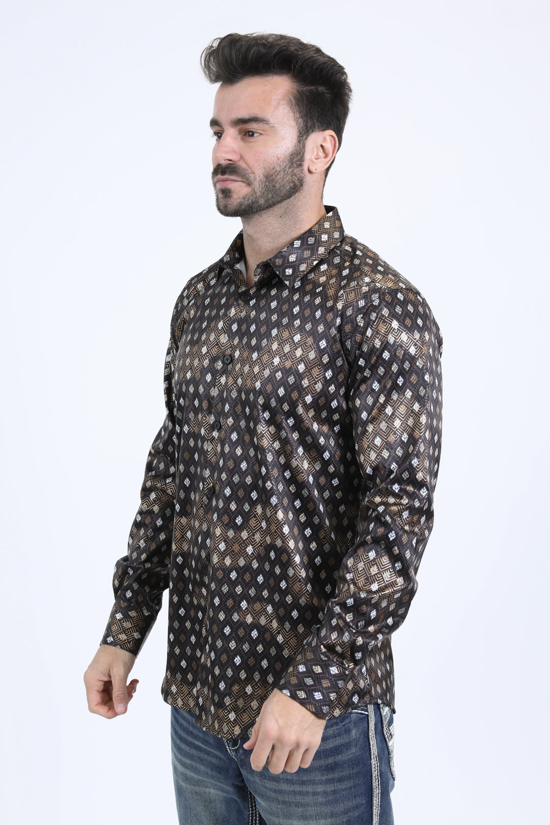 Mens Modern Fit Stretch Foil Fashion Black Shirt