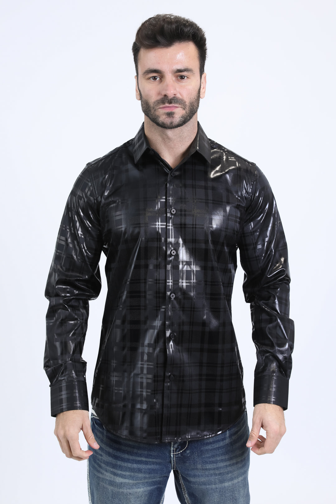 Mens Modern Fit Stretch Foil Fashion Black Shirt