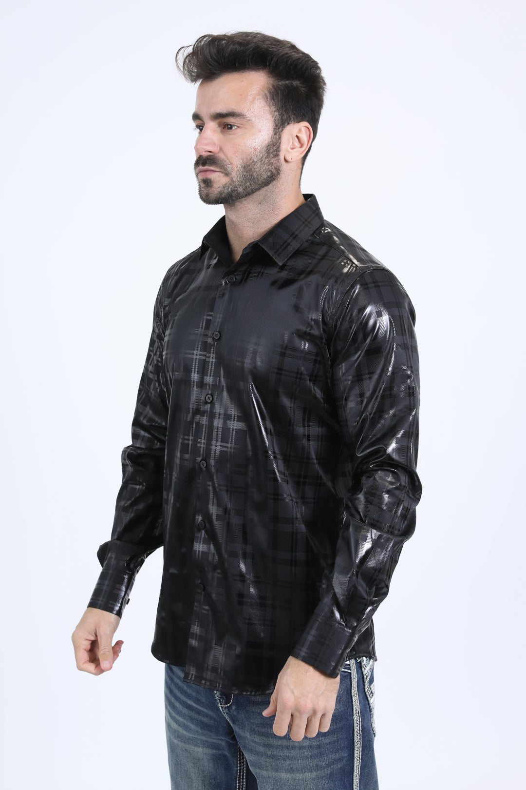 Mens Modern Fit Stretch Foil Fashion Black Shirt