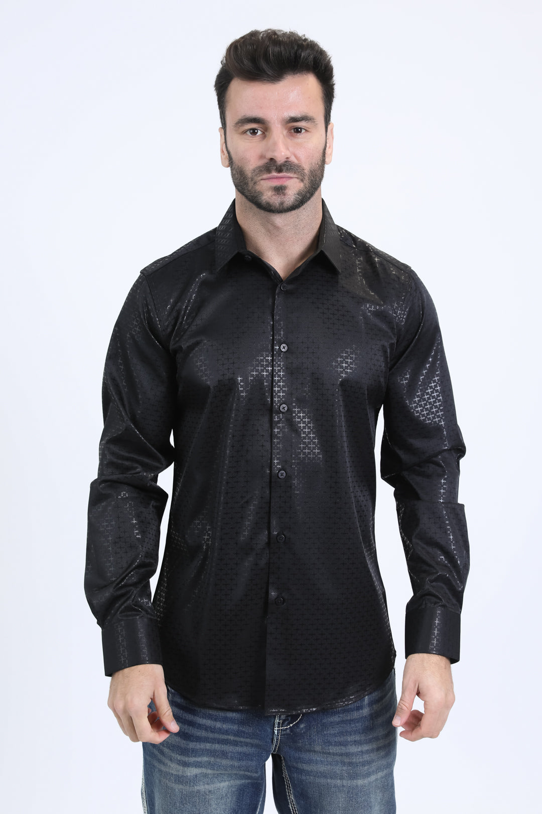 Mens Modern Fit Stretch Foil Fashion Black Shirt