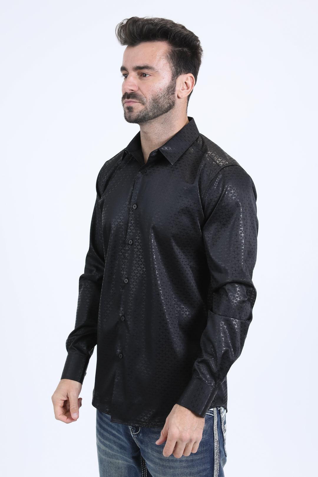 Mens Modern Fit Stretch Foil Fashion Black Shirt