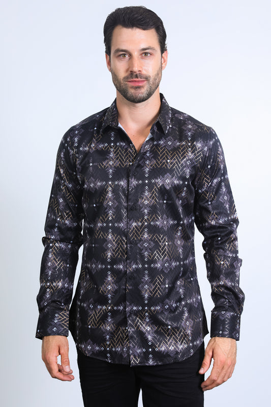 Mens Modern Fit Stretch Foil Fashion Black Shirt