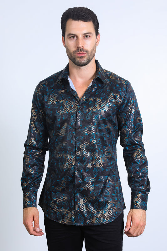 Mens Modern Fit Stretch Foil Fashion Black Shirt