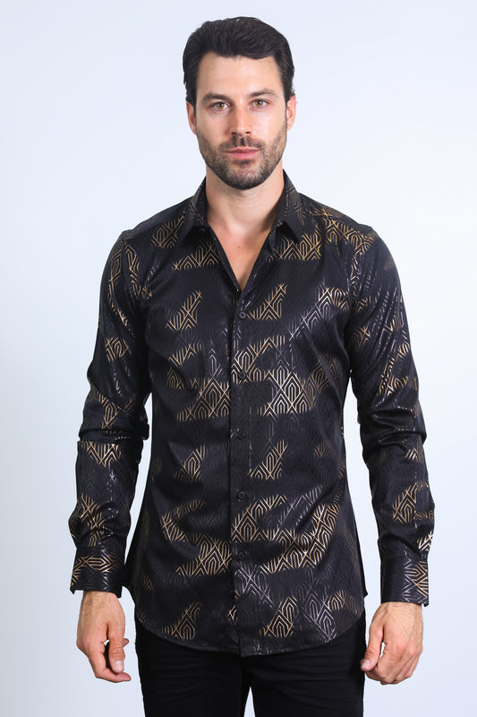 Mens Modern Fit Stretch Foil Fashion Black Shirt