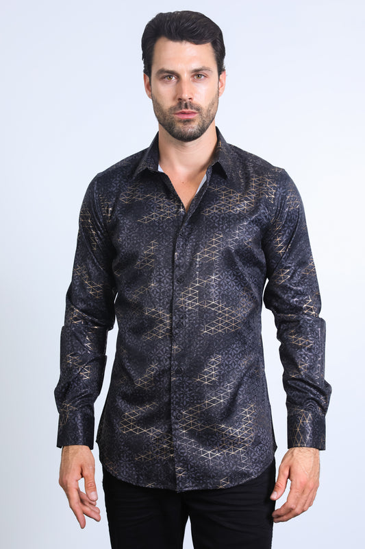 Mens Modern Fit Stretch Foil Fashion Black Shirt