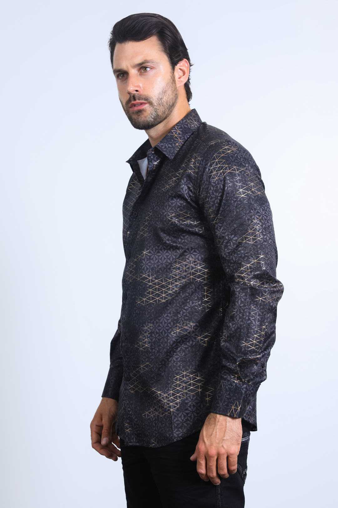 Mens Modern Fit Stretch Foil Fashion Black Shirt