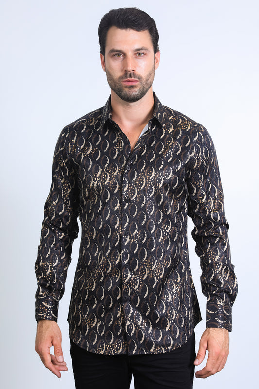 Mens Modern Fit Stretch Foil Fashion Black Shirt