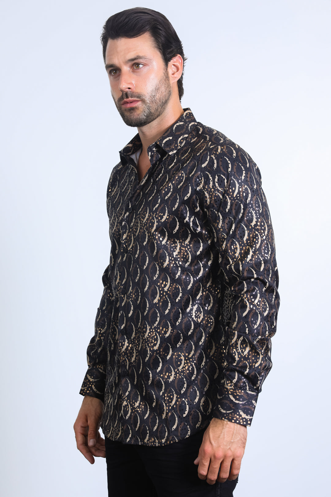 Mens Modern Fit Stretch Foil Fashion Black Shirt