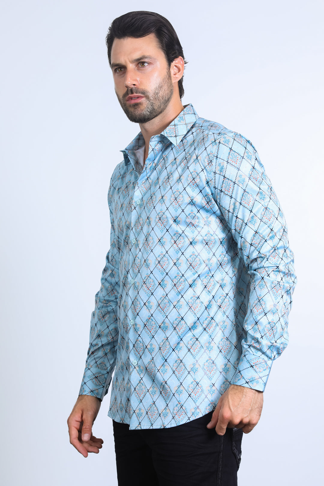 Mens Modern Fit Stretch Foil Fashion Blue Shirt