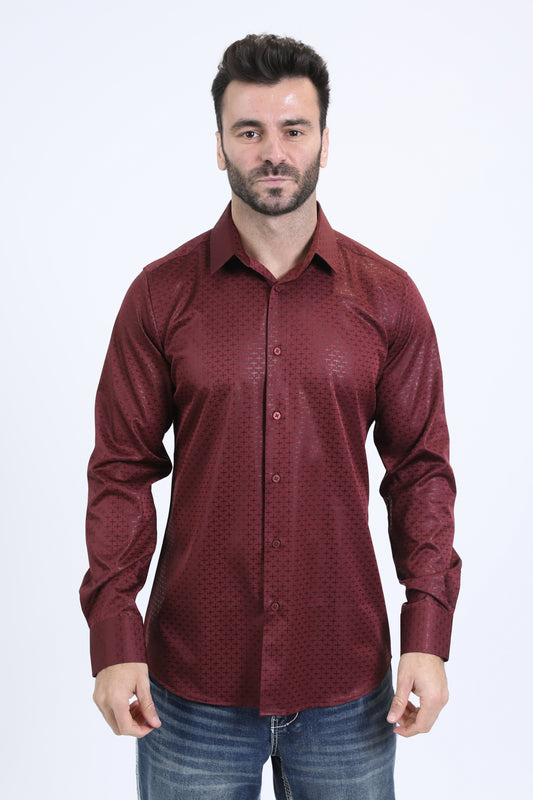 Mens Modern Fit Stretch Foil Fashion Burgundy Shirt