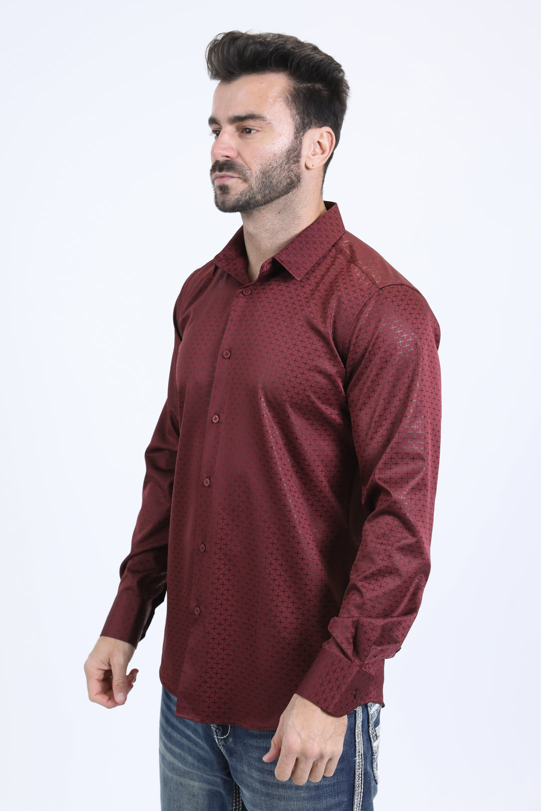 Mens Modern Fit Stretch Foil Fashion Burgundy Shirt