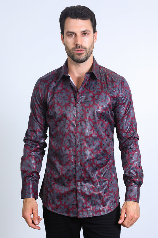 Mens Modern Fit Stretch Foil Fashion Burgundy Shirt