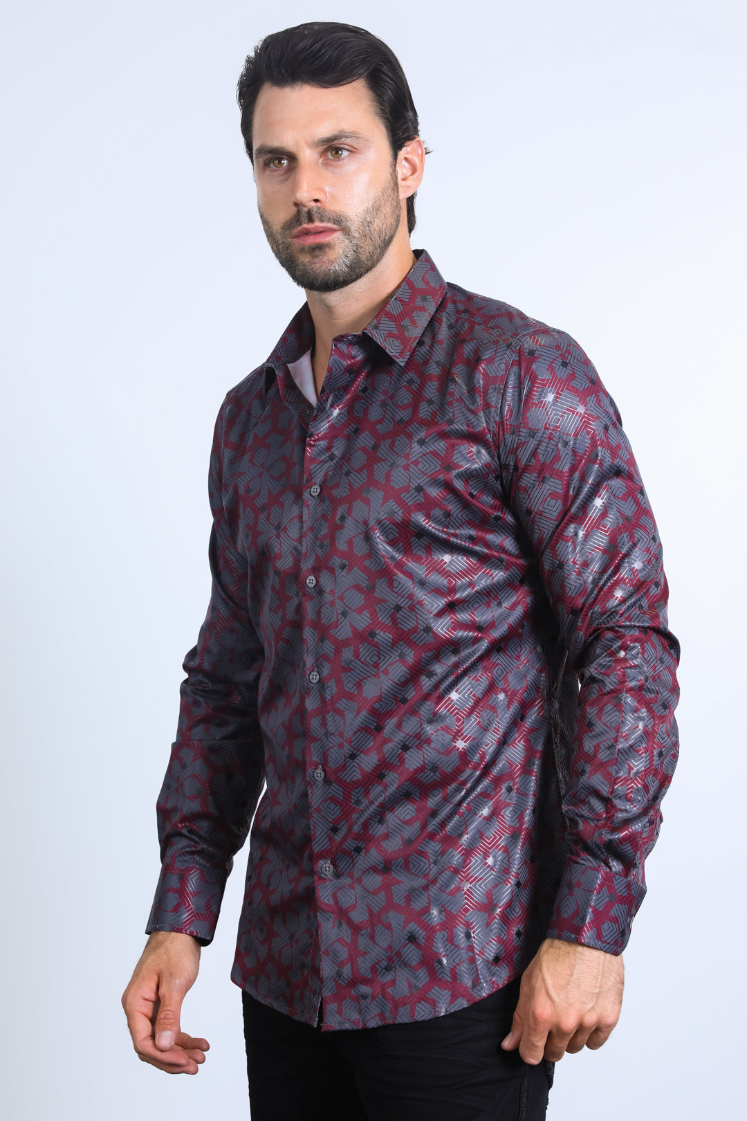 Mens Modern Fit Stretch Foil Fashion Burgundy Shirt