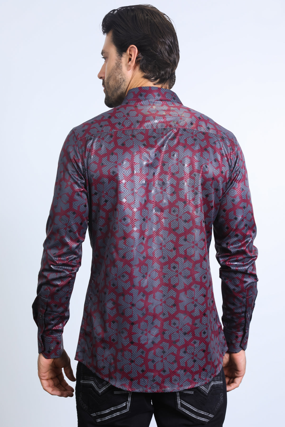 Mens Modern Fit Stretch Foil Fashion Burgundy Shirt