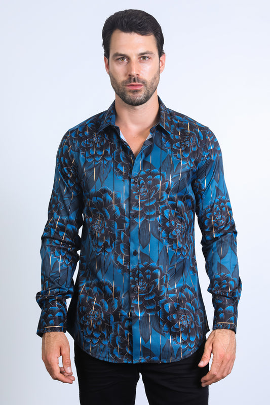 Mens Modern Fit Stretch Foil Fashion DK. Teal Shirt