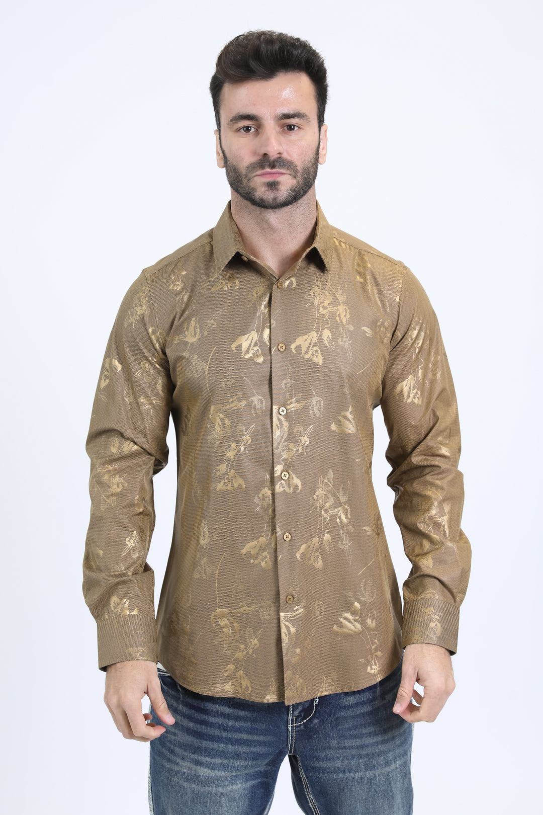 Mens Modern Fit Stretch Foil Fashion Gold Shirt