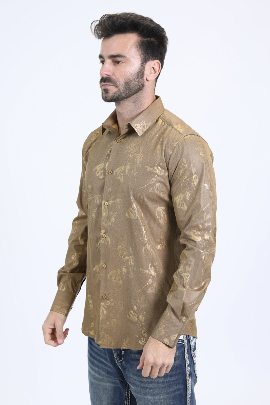 Mens Modern Fit Stretch Foil Fashion Gold Shirt