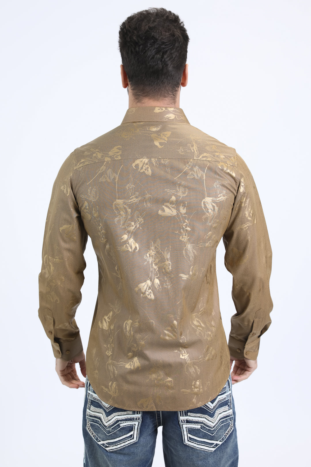 Mens Modern Fit Stretch Foil Fashion Gold Shirt