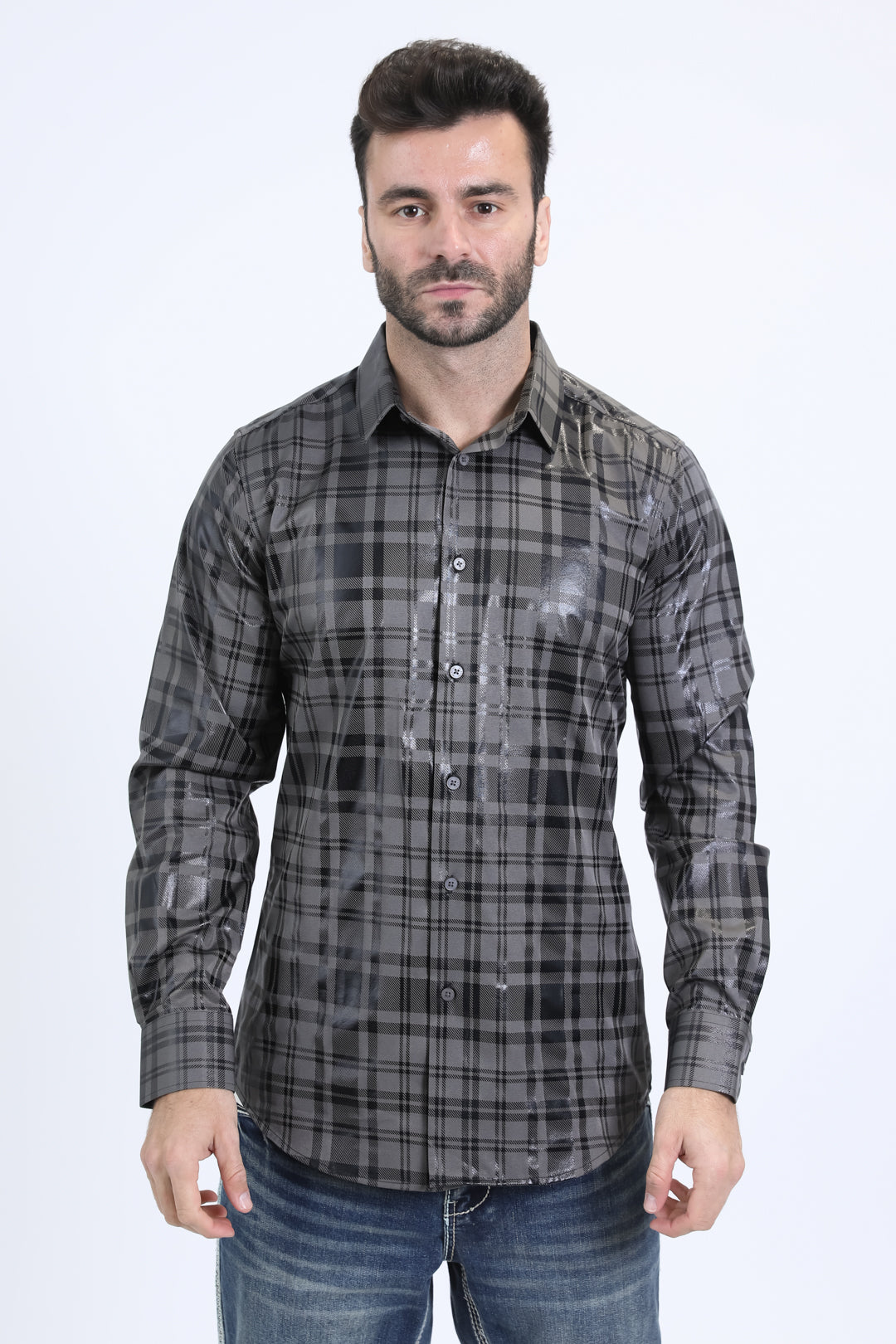 Mens Modern Fit Stretch Foil Fashion Grey Shirt