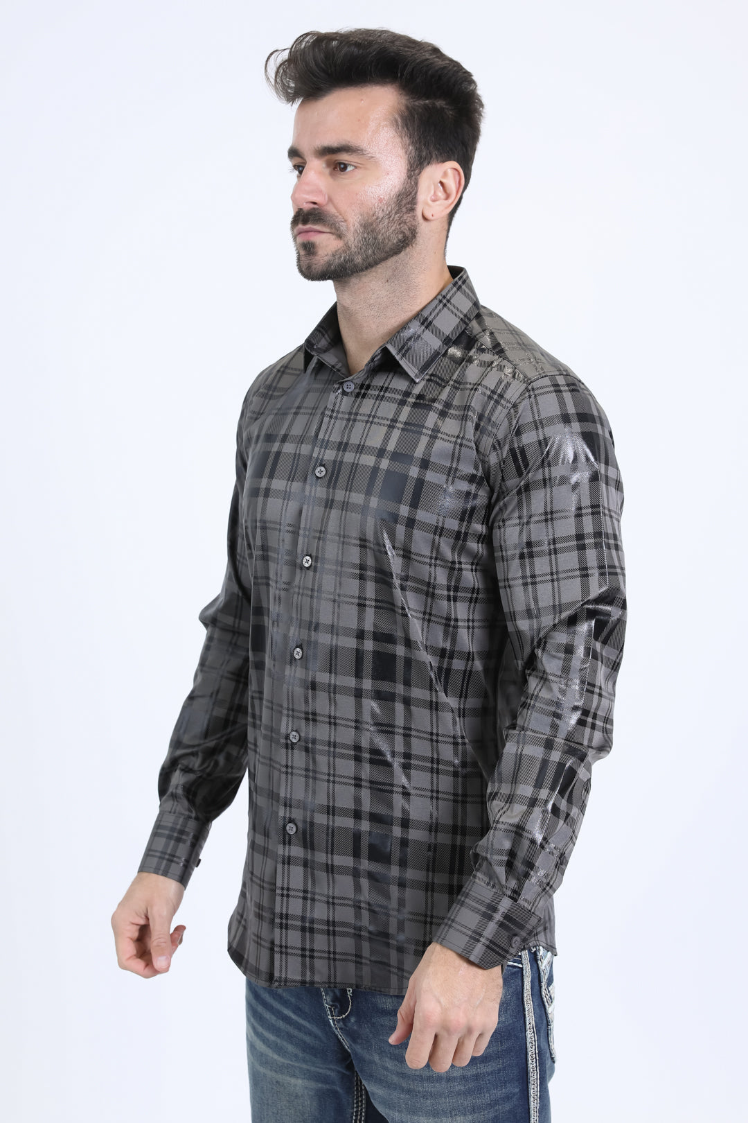 Mens Modern Fit Stretch Foil Fashion Grey Shirt