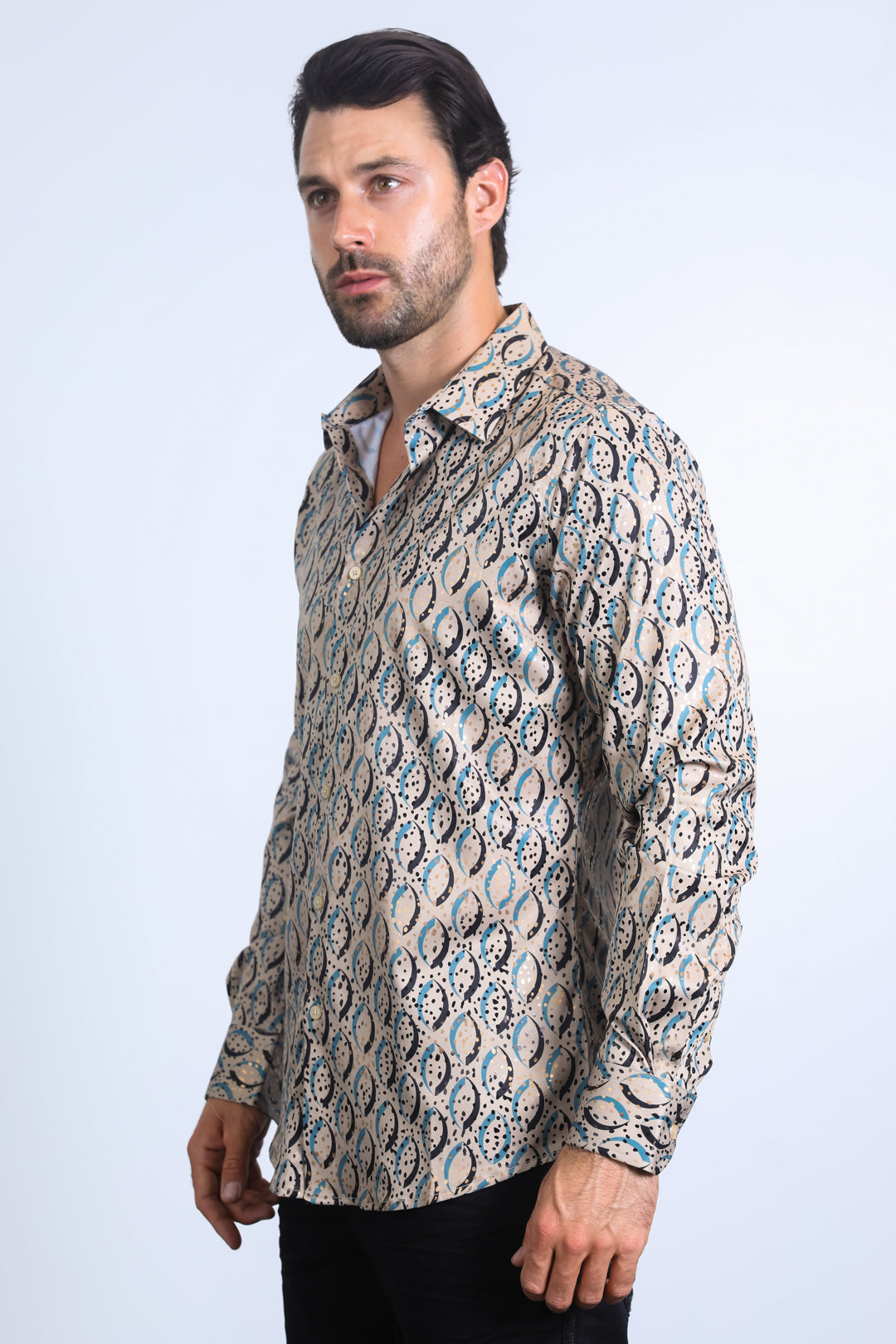 Mens Modern Fit Stretch Foil Fashion Khaki Shirt