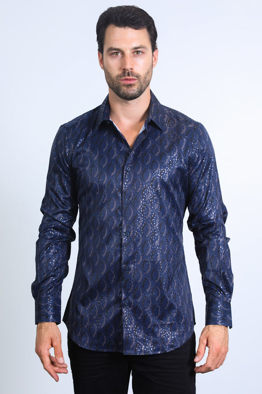 Mens Modern Fit Stretch Foil Fashion Navy Shirt