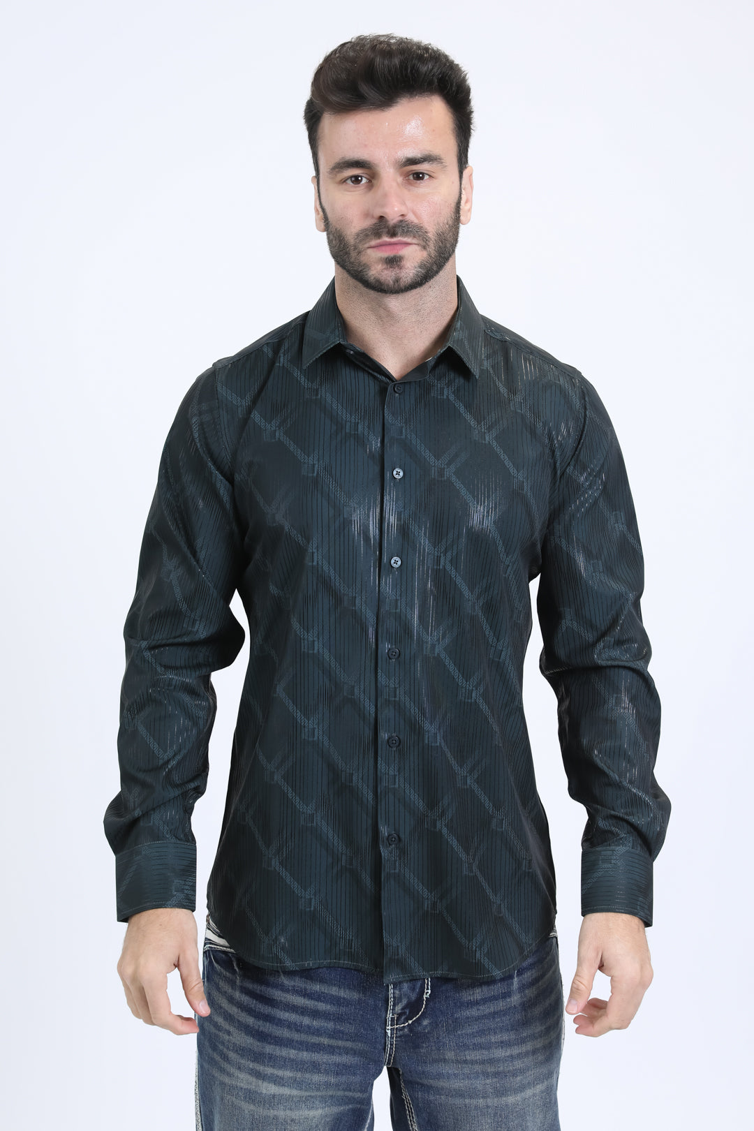 Mens Modern Fit Stretch Foil Fashion Olive Shirt