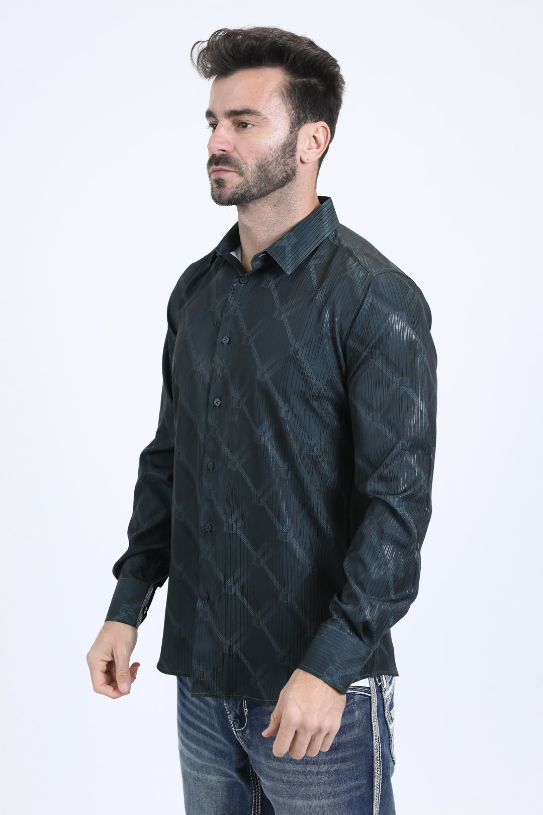 Mens Modern Fit Stretch Foil Fashion Olive Shirt