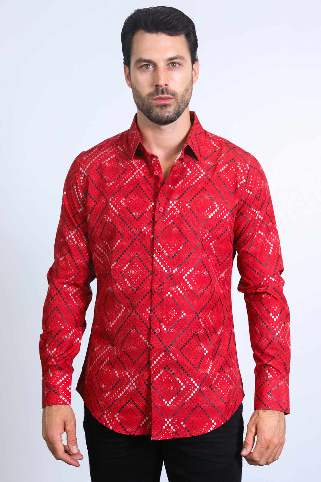 Mens Modern Fit Stretch Foil Fashion Red Shirt