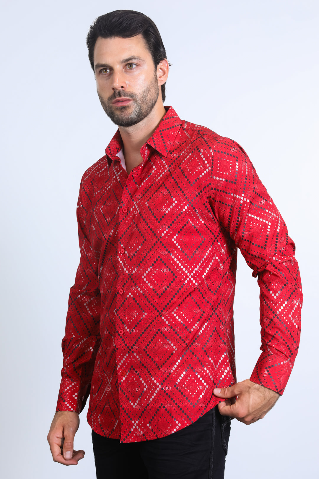 Mens Modern Fit Stretch Foil Fashion Red Shirt