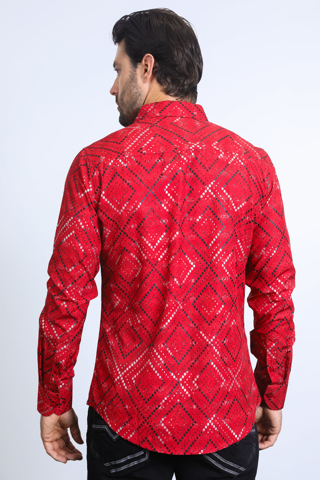 Mens Modern Fit Stretch Foil Fashion Red Shirt