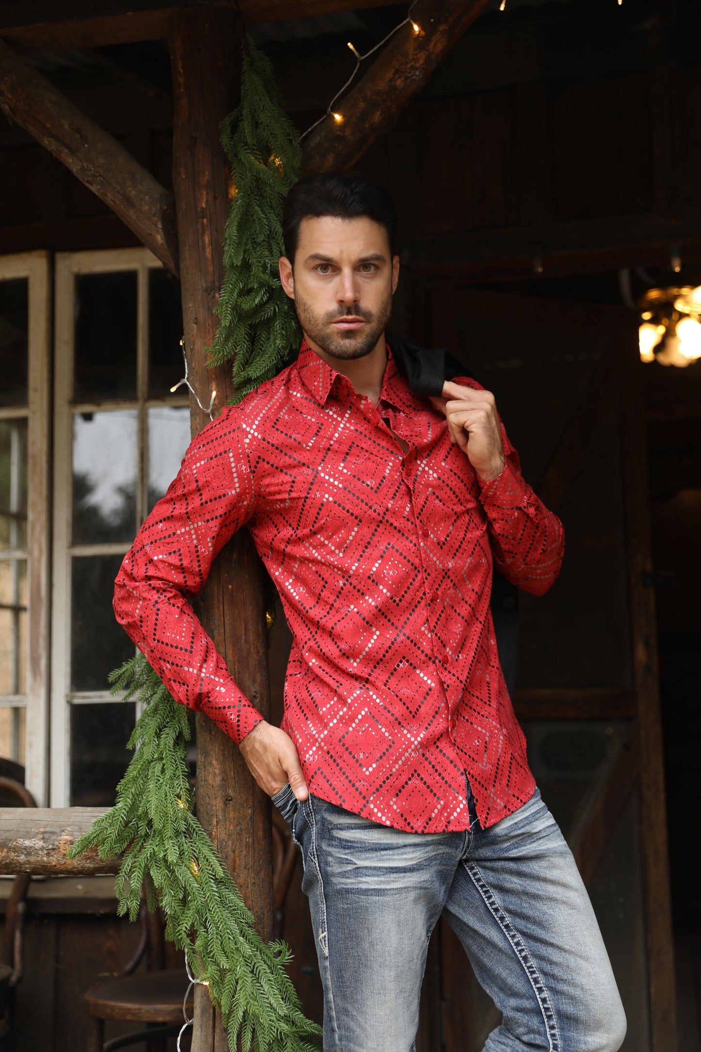 Mens Modern Fit Stretch Foil Fashion Red Shirt