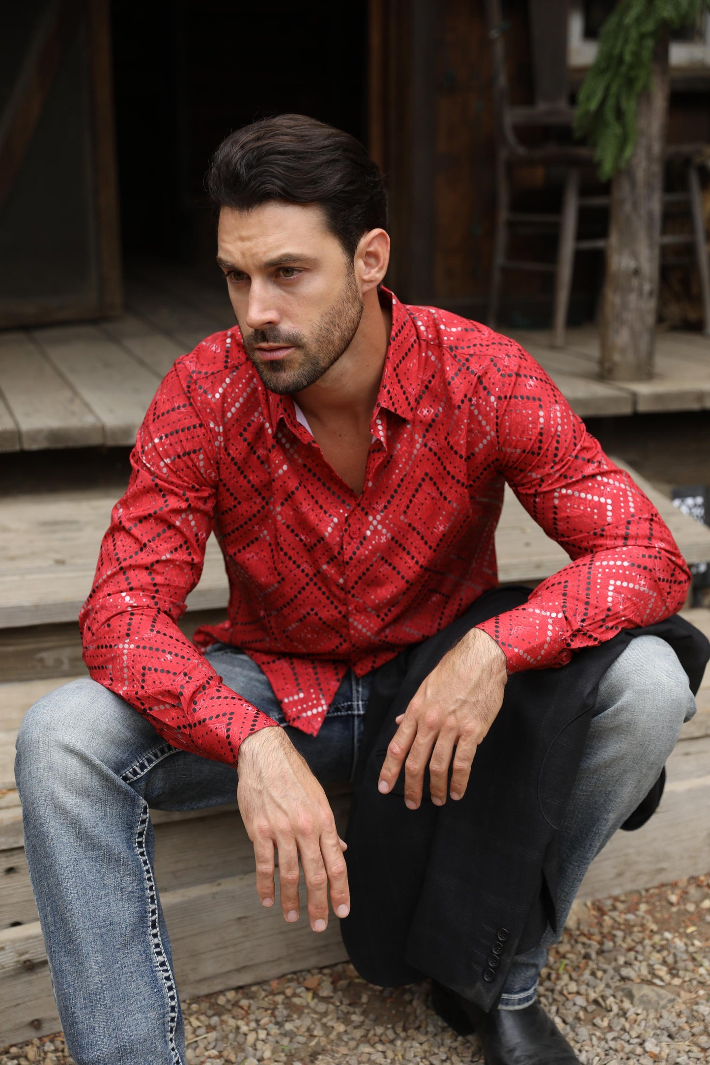 Mens Modern Fit Stretch Foil Fashion Red Shirt