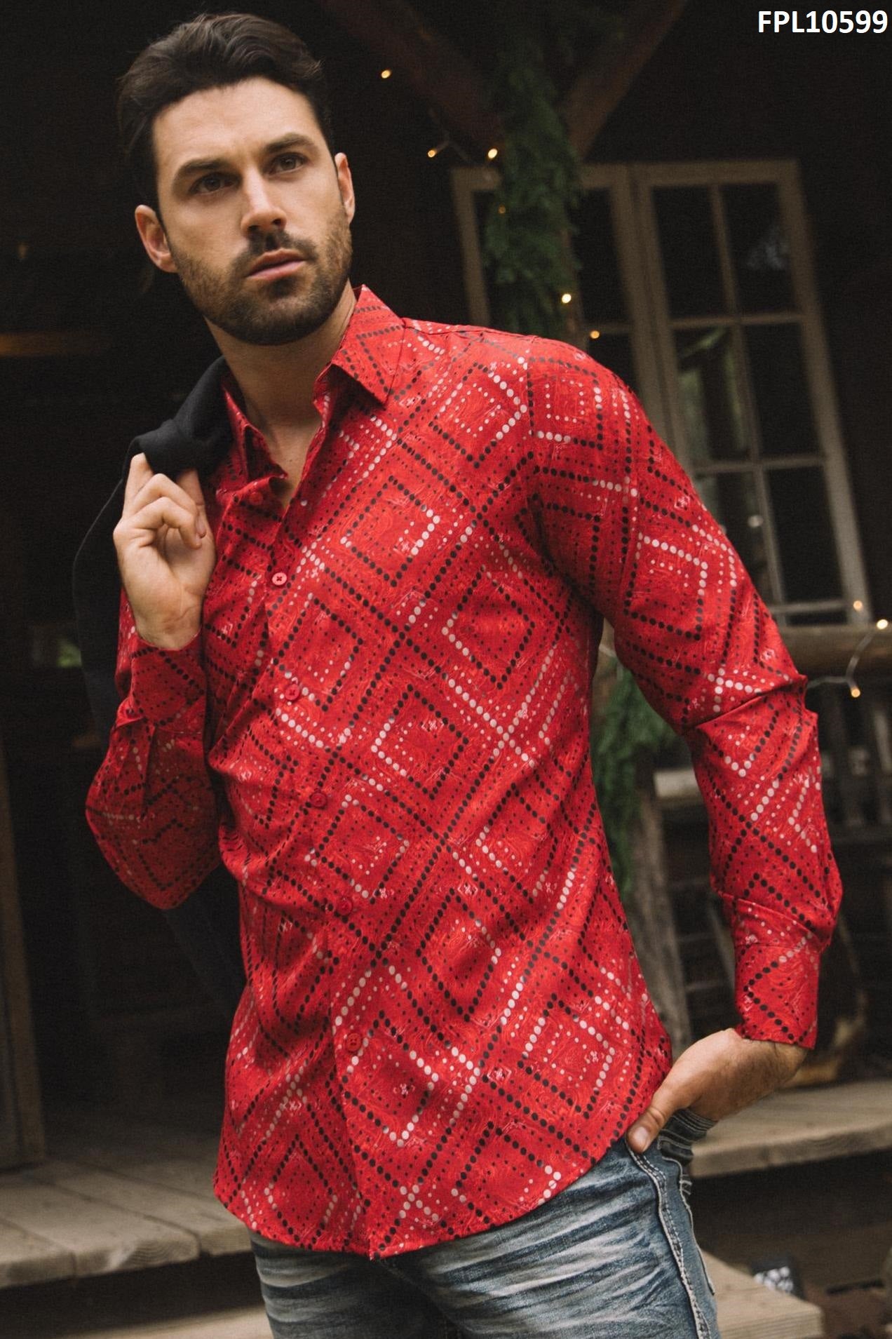 Mens Modern Fit Stretch Foil Fashion Red Shirt