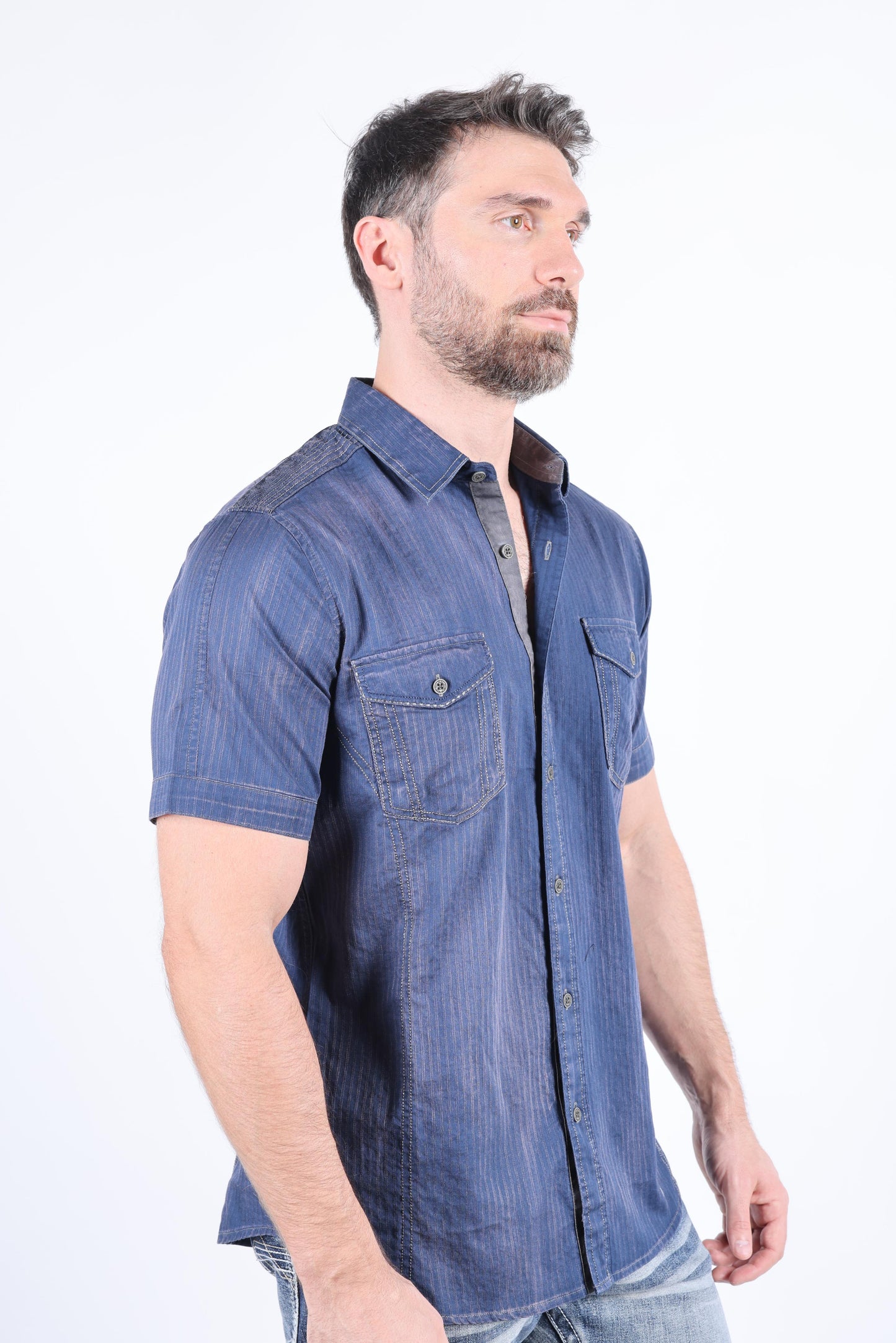 Mens Embroidery Modern Fit Stretch Short Sleeve Shirt