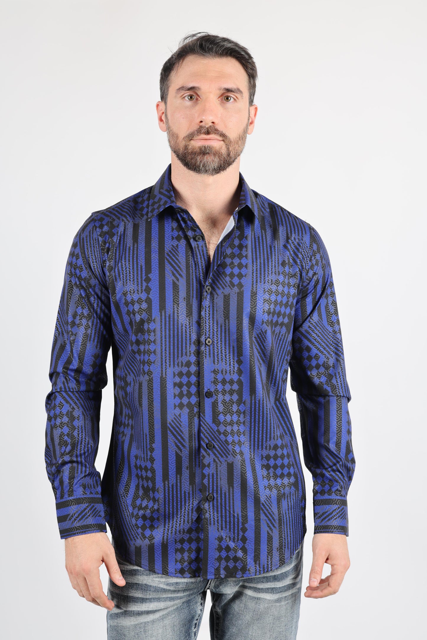 Mens Modern Fit Stretch Foiled Navy Long Sleeve Shirt