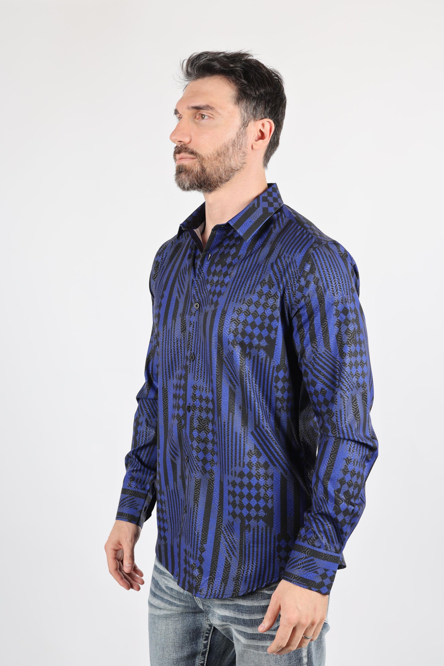 Mens Modern Fit Stretch Foiled Navy Long Sleeve Shirt