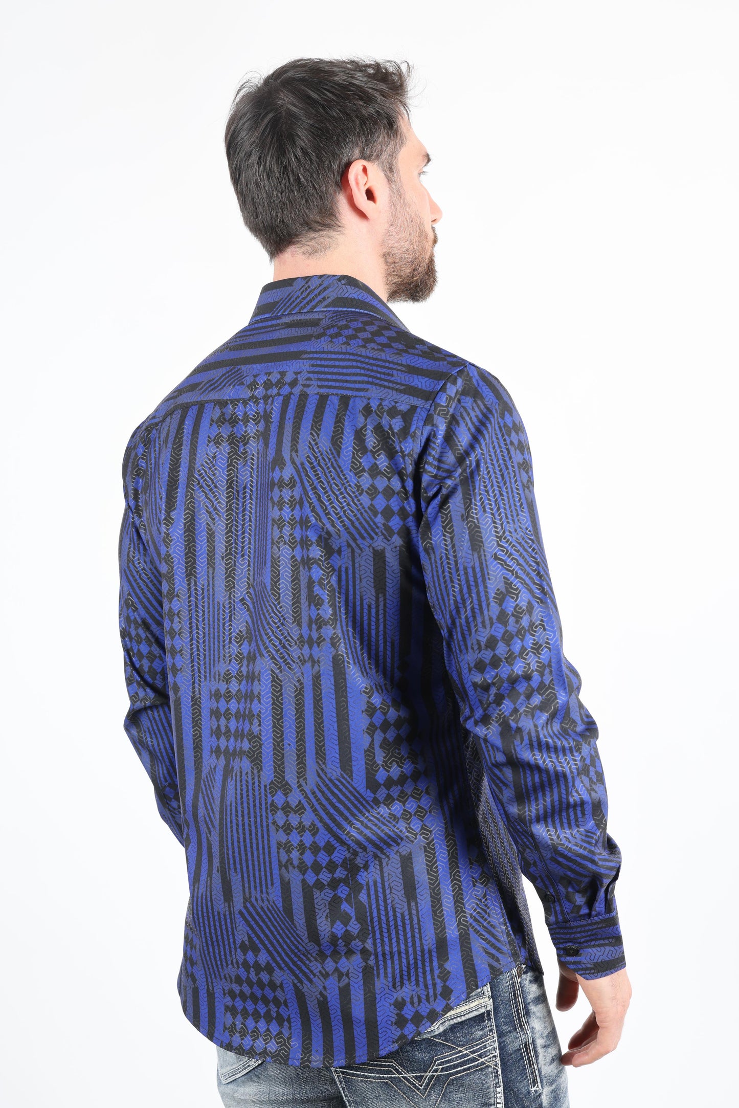 Mens Modern Fit Stretch Foiled Navy Long Sleeve Shirt