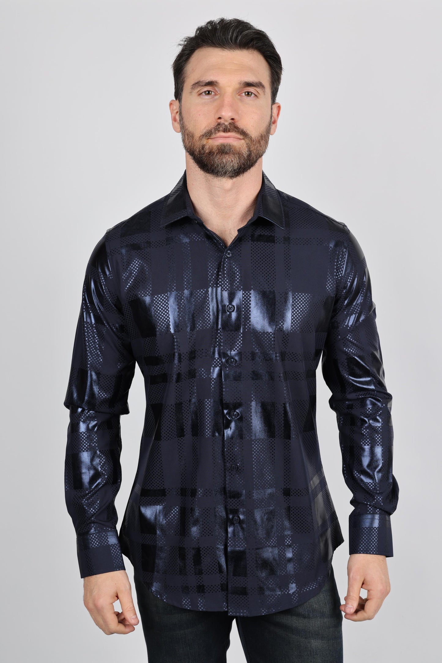 Mens Modern Fit Stretch Foiled Navy Long Sleeve Shirt