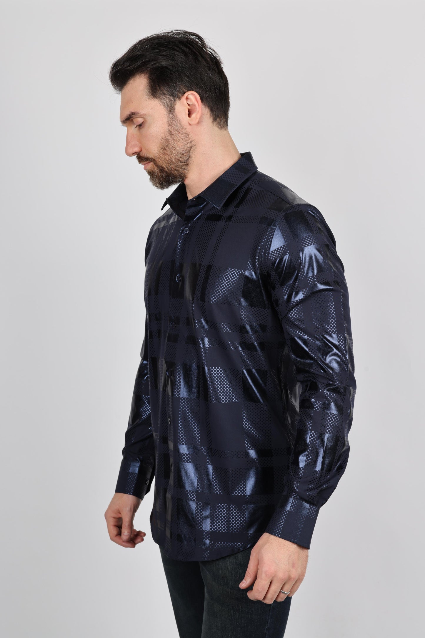 Mens Modern Fit Stretch Foiled Navy Long Sleeve Shirt