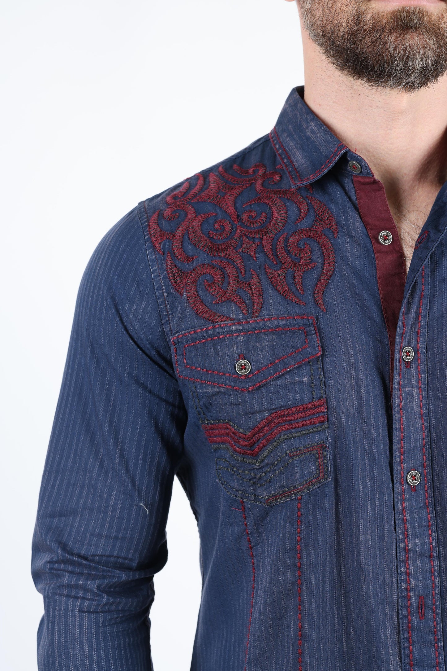 Mens Vintage Washed 2-tone Embroidery Modern Fit Stretch Shirt