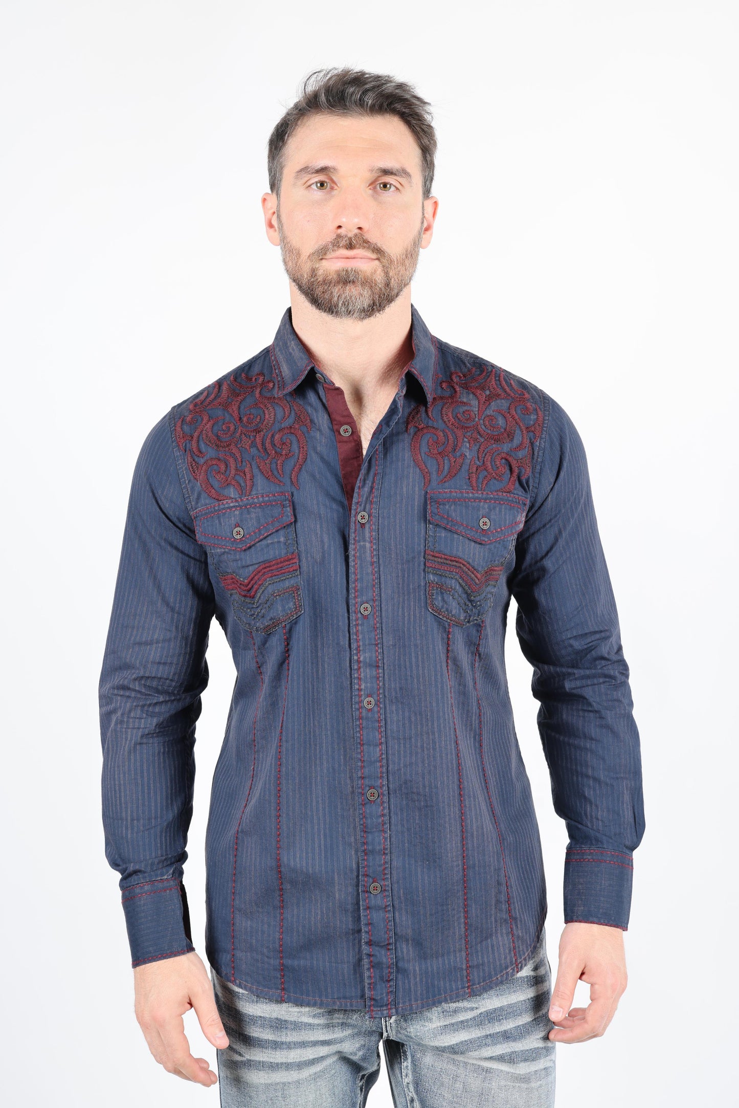 Mens Vintage Washed 2-tone Embroidery Modern Fit Stretch Shirt