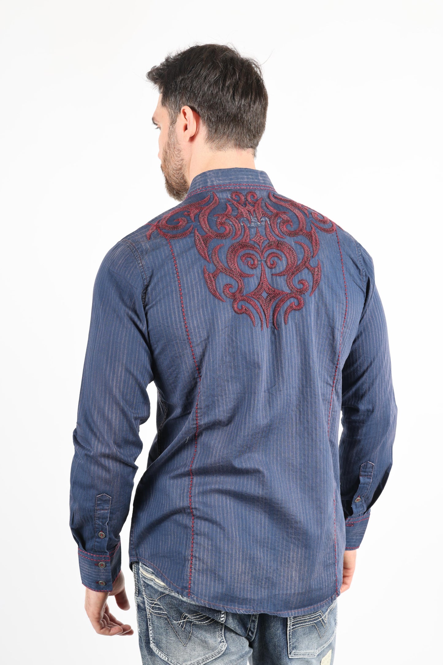 Mens Vintage Washed 2-tone Embroidery Modern Fit Stretch Shirt